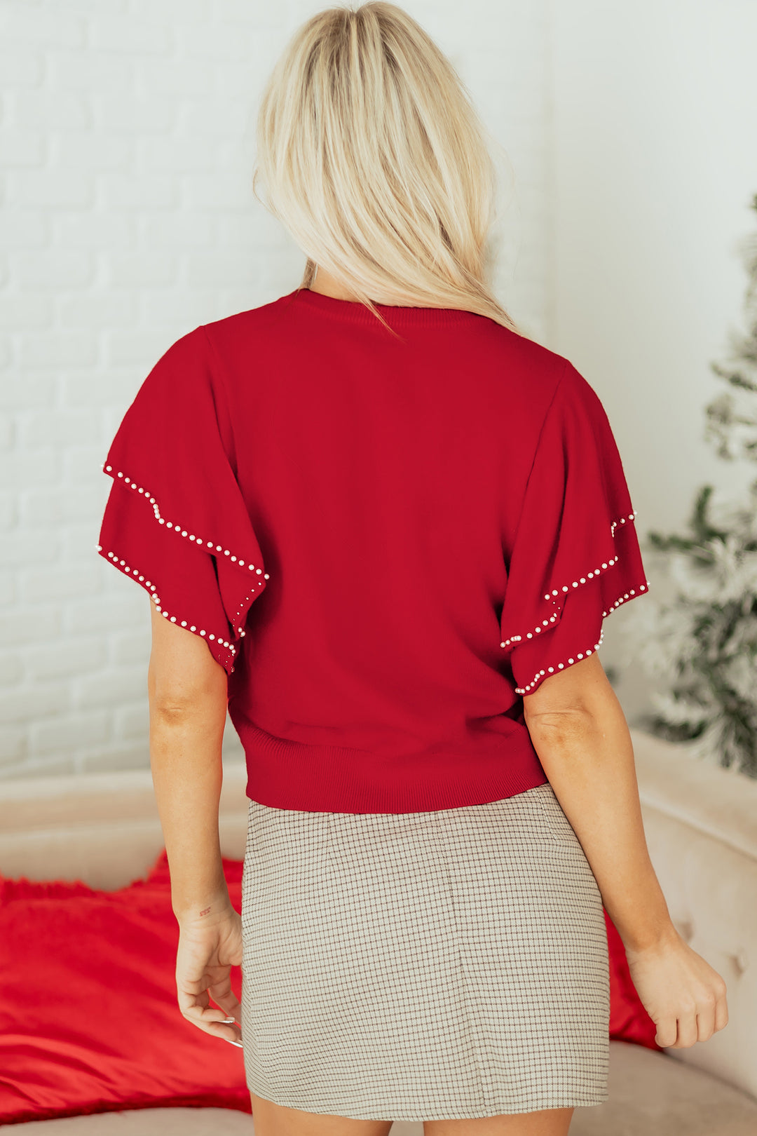 Racing Red Pearl Embellished Double Ruffle Short Sleeve Sweater