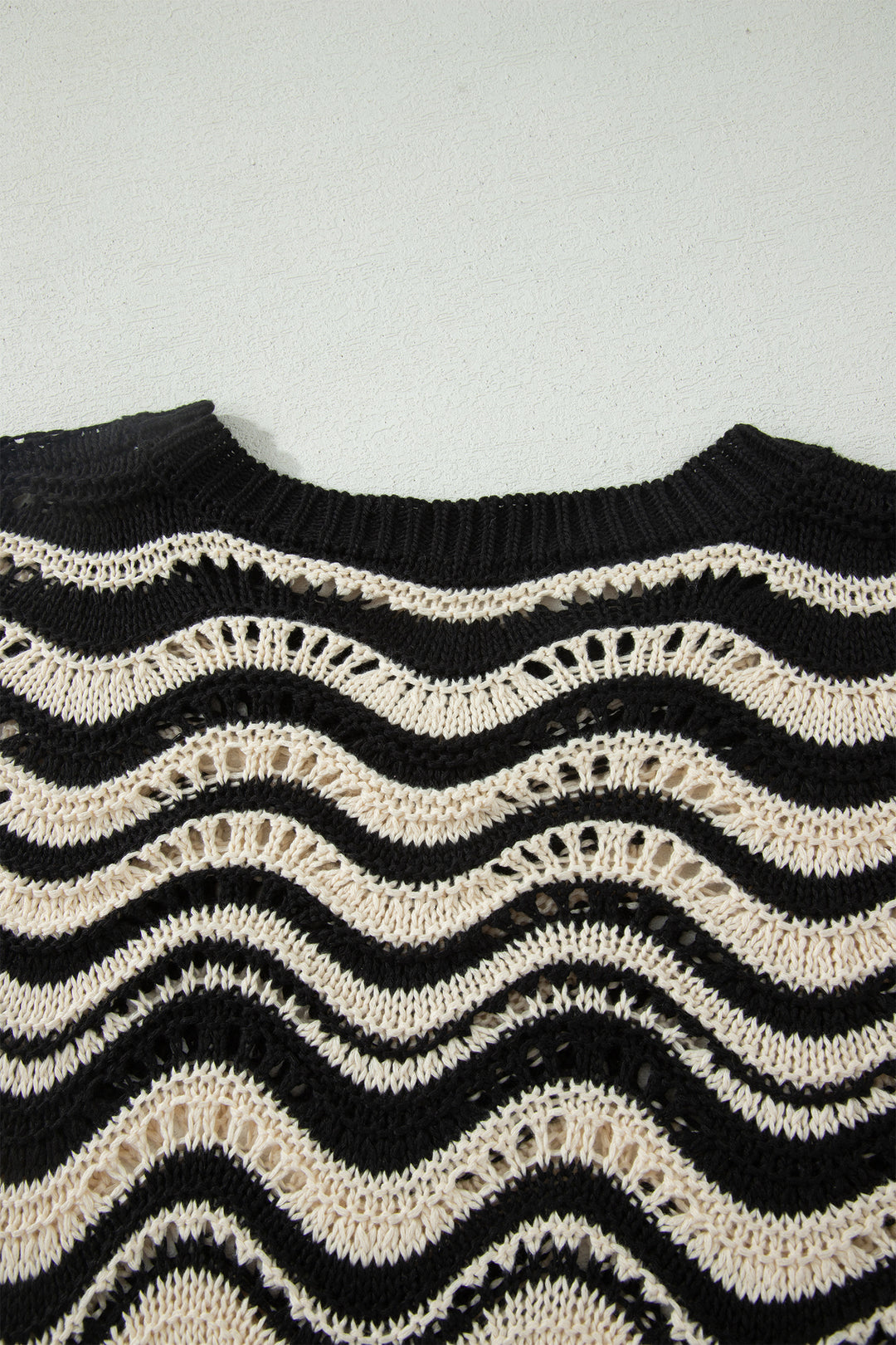 Beige Stripe Wavy Crochet Eyelet Detail Ruffle Half Sleeve Sweater