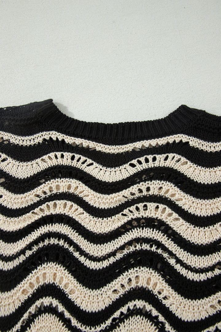 Beige Stripe Wavy Crochet Eyelet Detail Ruffle Half Sleeve Sweater