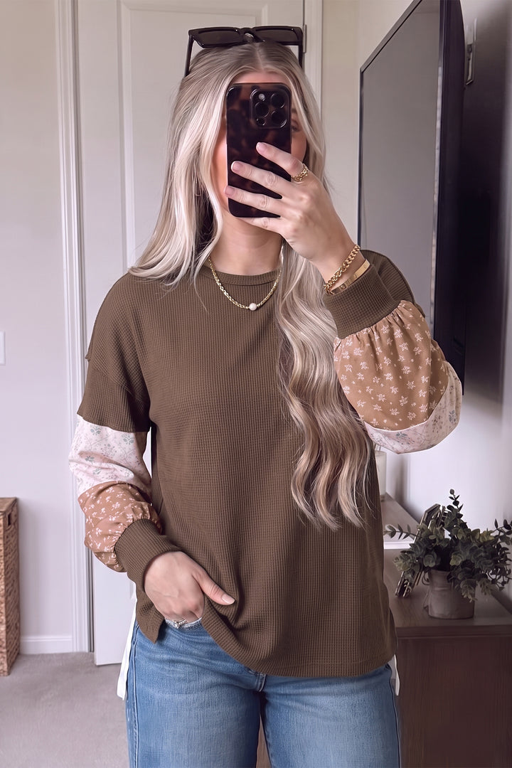 Coffee Floral Print Colorblock Long Sleeve Textured Loose Pullover Tunic Top