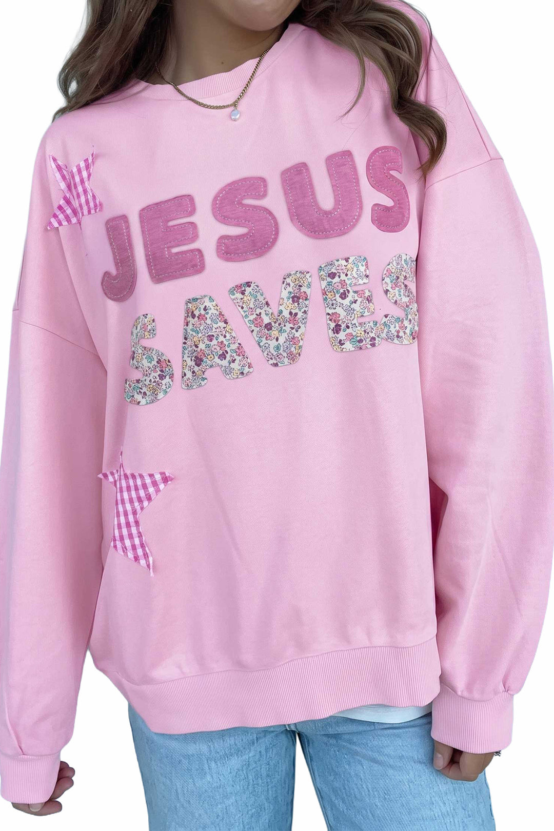 Pink Patchwork Stars Plaid Unique Floral Letters Baggy Sweatshirt