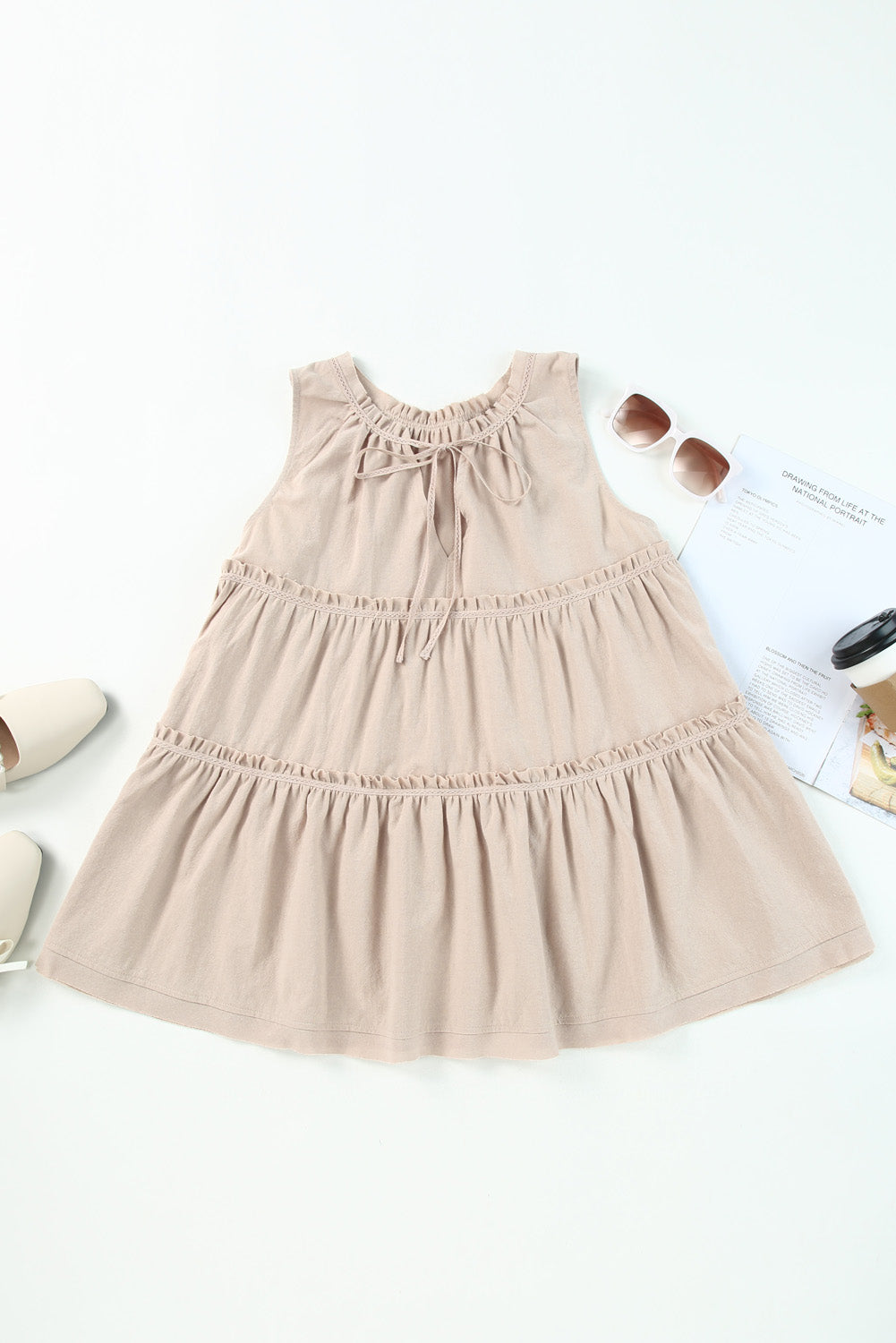 Khaki Split V Neck Tiered Ruffle Tank Top