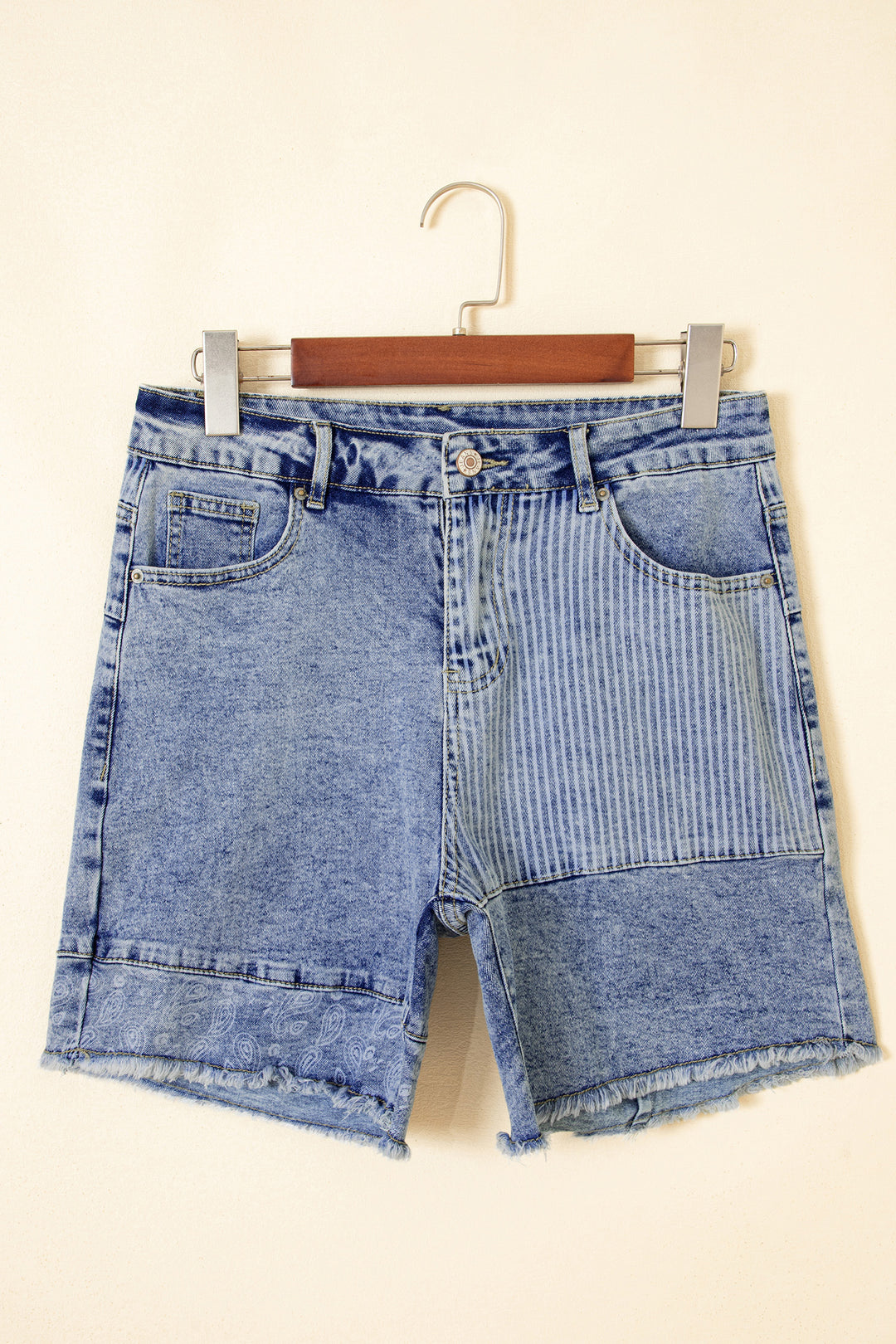 Sky Blue Striped Paisley Mixed Patchwork Raw Hem Denim Shorts