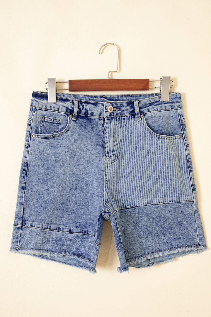 Sky Blue Striped Paisley Mixed Patchwork Raw Hem Denim Shorts