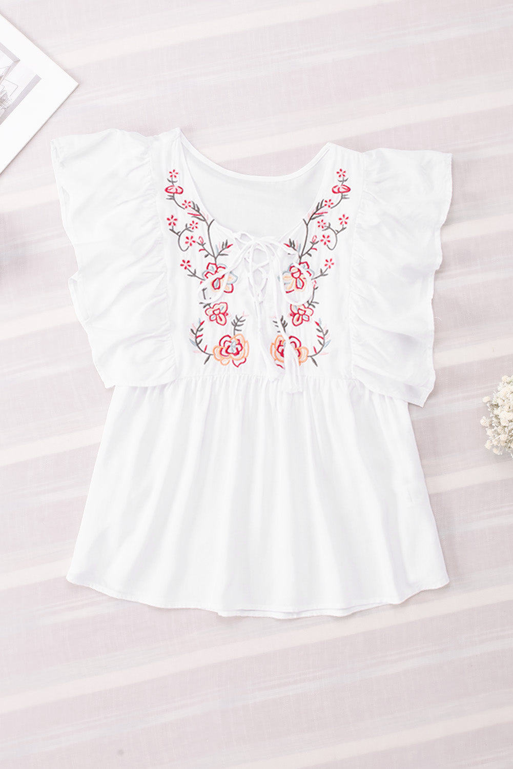 White Floral Embroidered Ruffled Lace-up V Neck Top