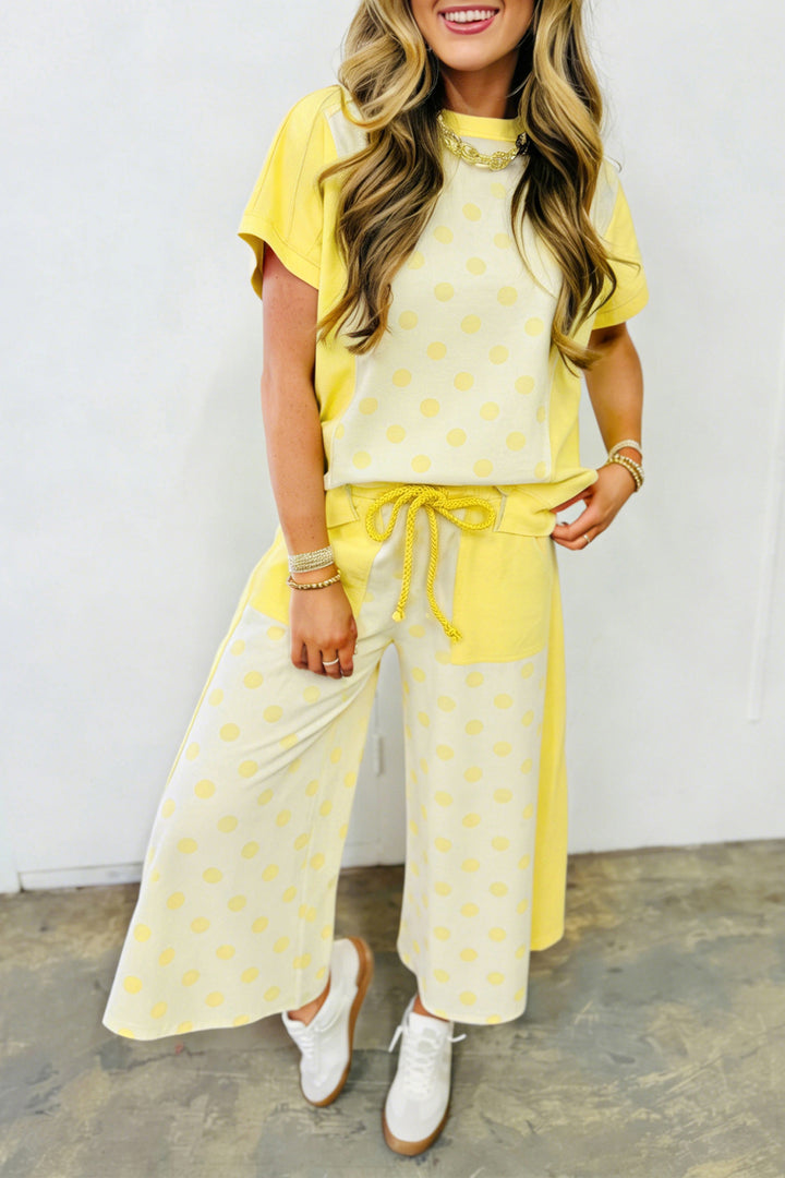 Pink Color Block Patchwork Polka Dot Wide Leg Pant Set