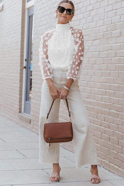 White Mock Neck Floral Mesh Long Sleeve Top