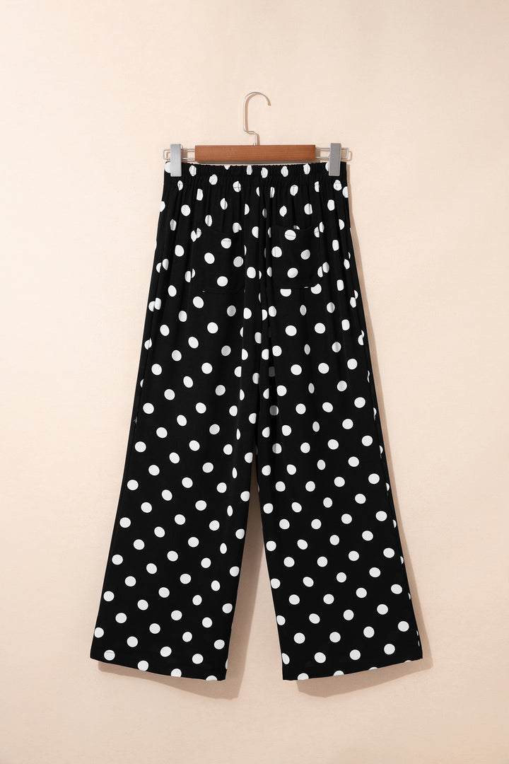 Black Polka Dot Print Patched Pocket Mid-rise Straight Leg Pants