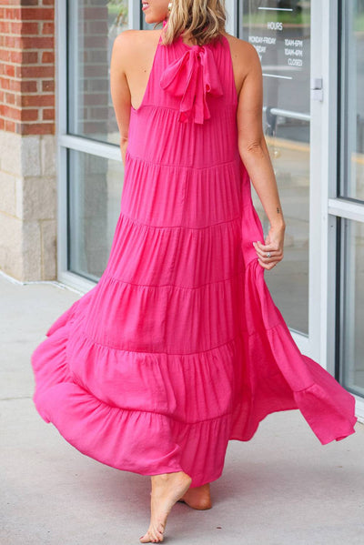 Rose Red High Frilled Neck Tiered Sleeveless Maxi Dress