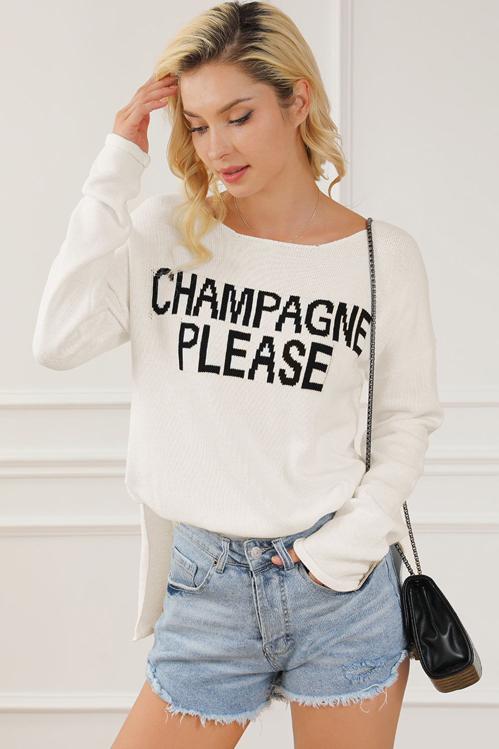 CHAMPAGNE PLEASE Long Sleeve Slit Sweater - Sybaritic Bags & Clothing