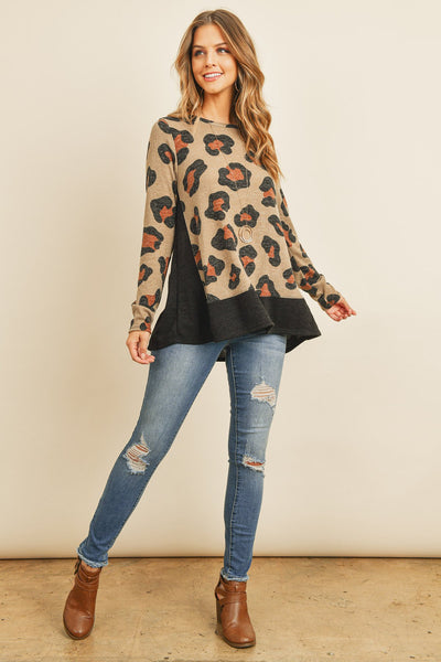 Leopard Long Sleeves Bottom and Side Contrast Top