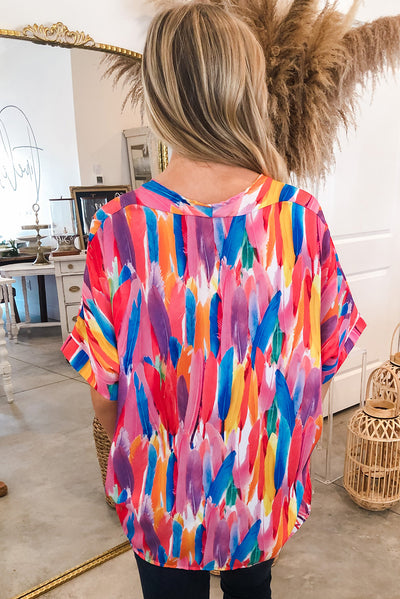 Multicolour Whimsical Feather Print V Neck Blouse