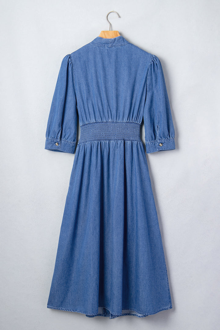 Blue V Neck Shirred Waist Metal Zipper Denim Midi Dress