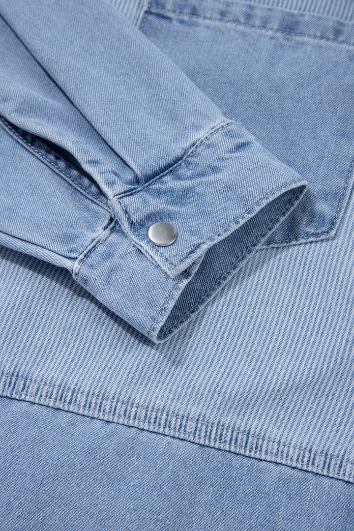 Beau Blue Lightweight Denim Striped Patchwork Button Down Shacket