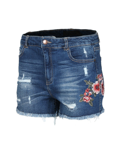 Mid Rise Distressed Floral Denim Shorts