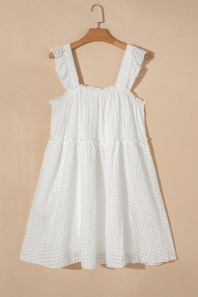 White Plaid Ruffled Straps Flowy Sleeveless Dress