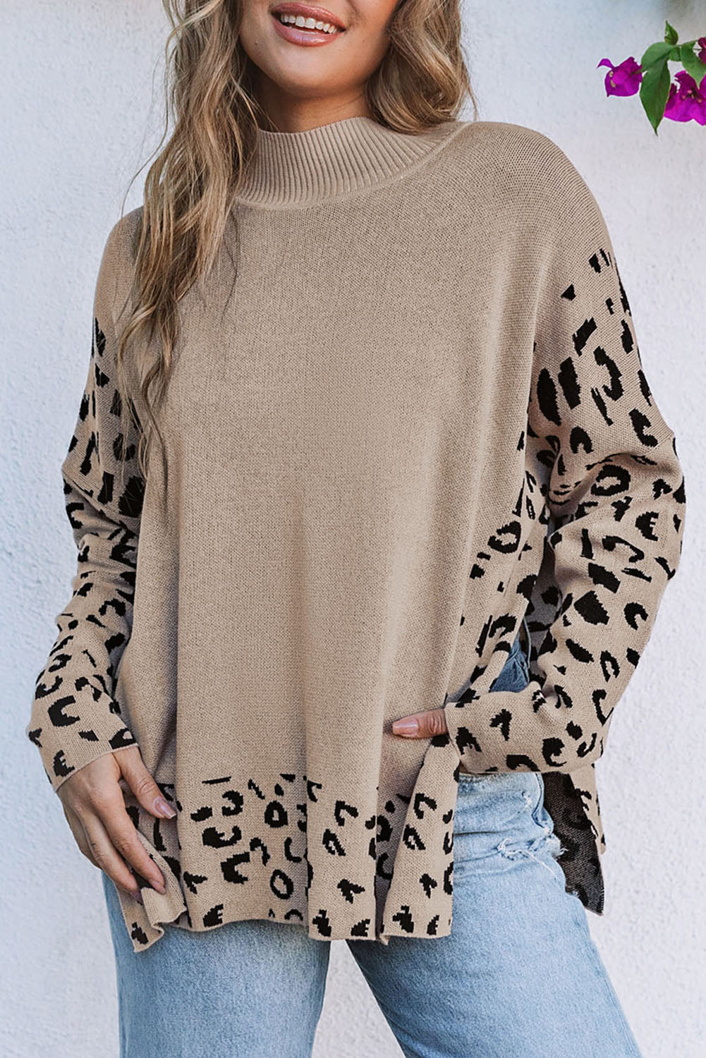 Sarai Leopard High Neck Side Slit Oversized Sweater