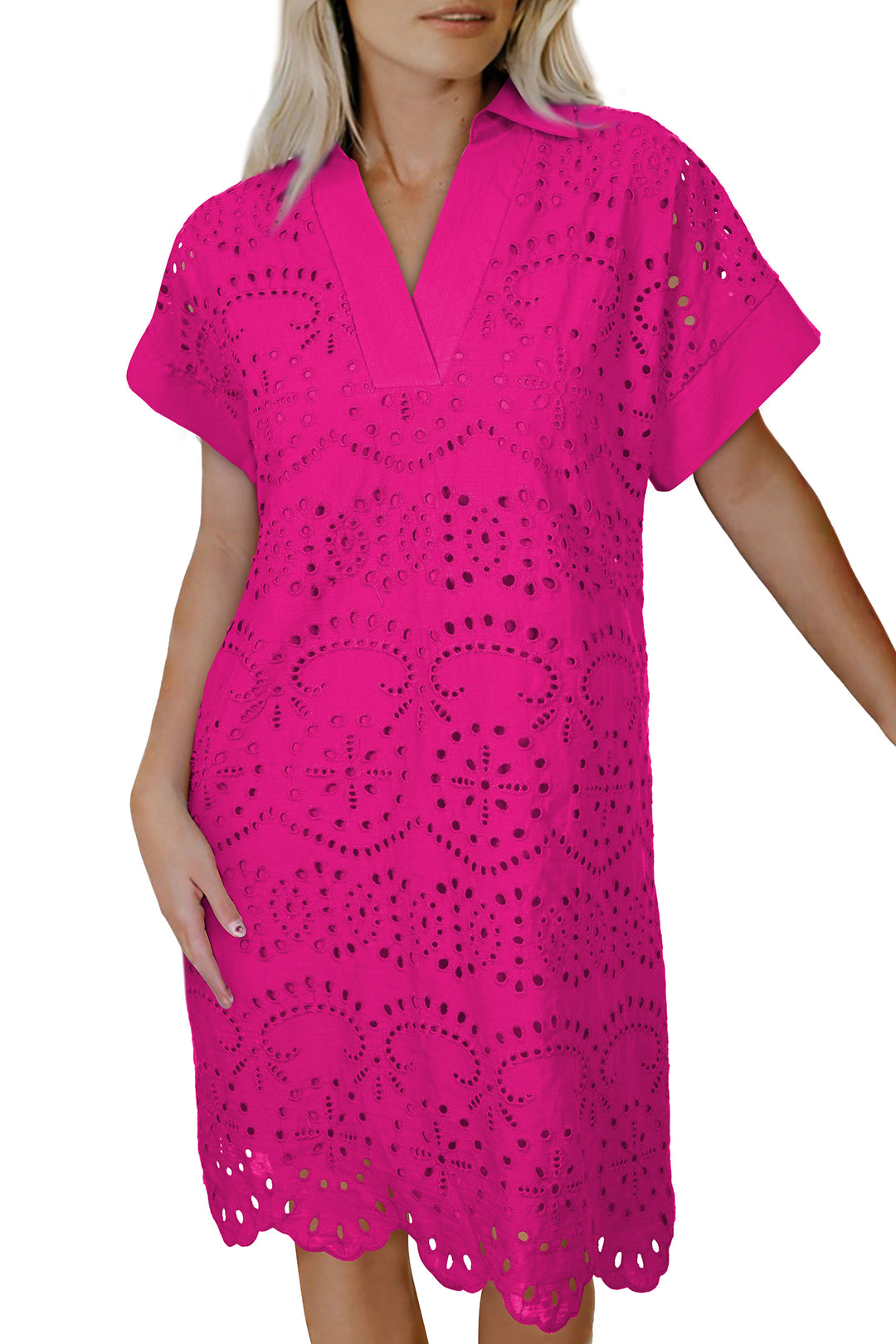 Dark Blue Solid Color Eyelet Embroidered T Shirt Mini Dress