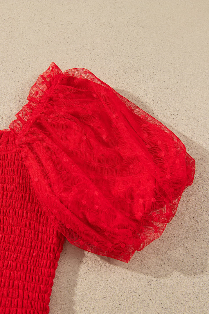 Fiery Red Tiered Tulle Smocked Bodice Puff Sleeve Dress