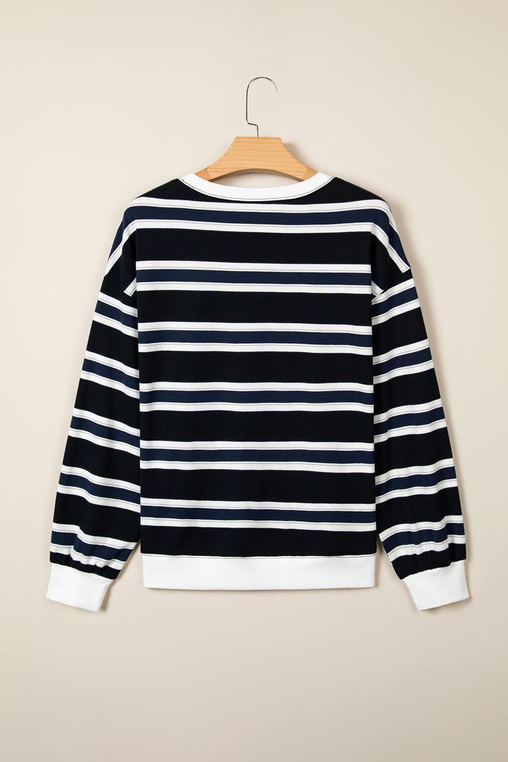 Blue Stripe Ribbed Color Block Trim Round Neck Dropped Shoulder Sweatshirt