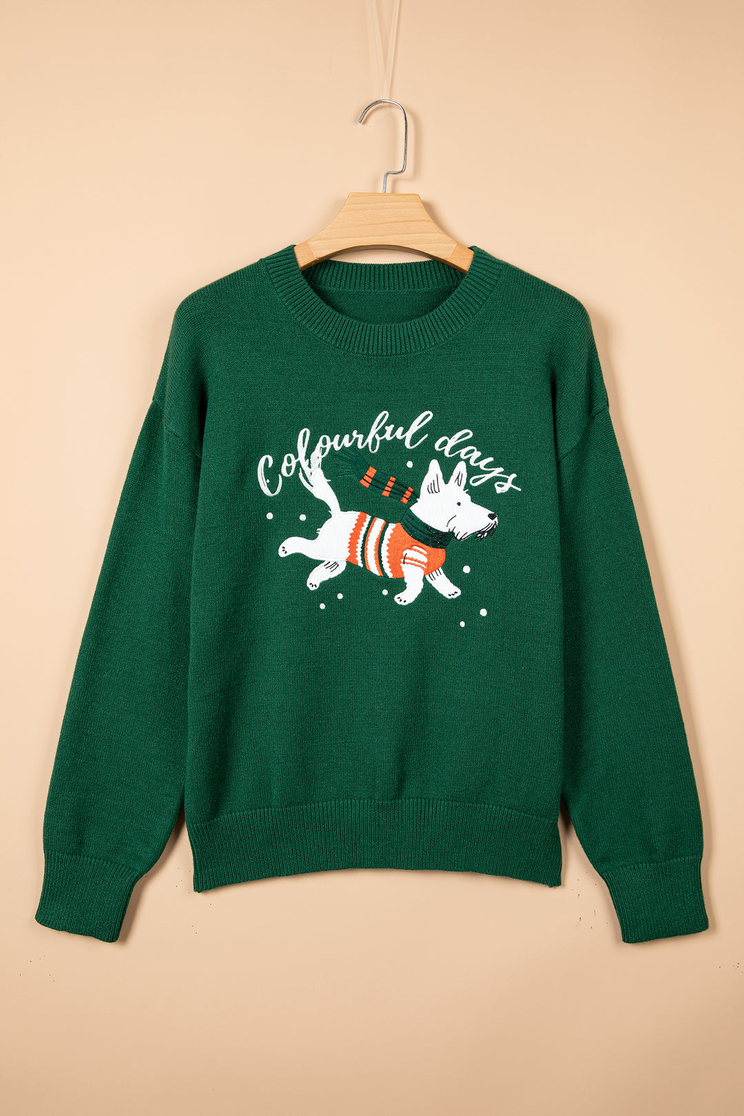Blackish Green Abstract Dog Embroidery Christmas Fashion Round Neck Sweater