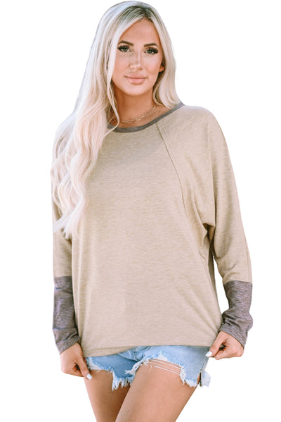 Khaki Contrast Cuffs Batwing Sleeve Loose Top