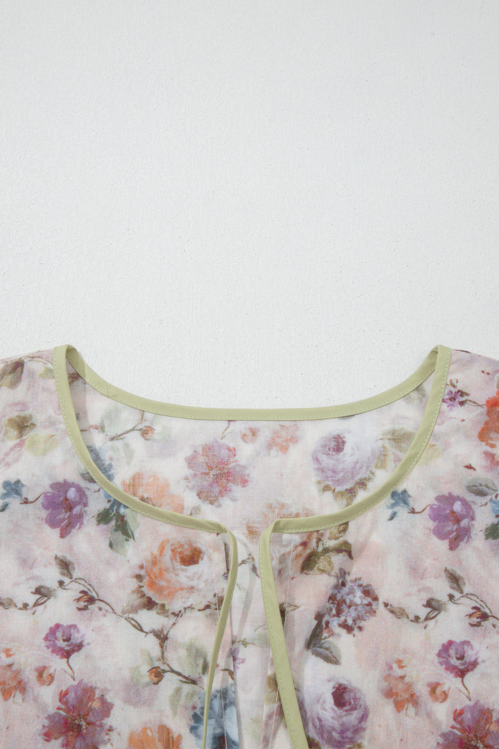 Black Plus Size Floral Print Contrast Trim Striped Detail Babydoll Blouse