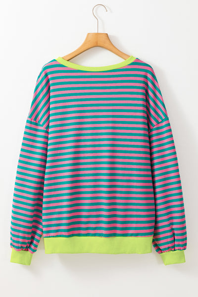 Green Stripe Oversized Contrast Trim Pullover Sweatshirt