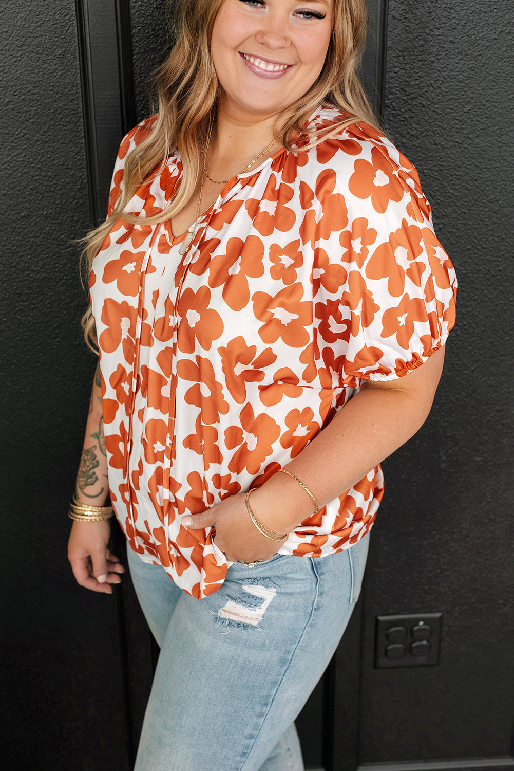 Orange Plus Size Floral Print Drawstring V Neck Short Sleeve Blouse