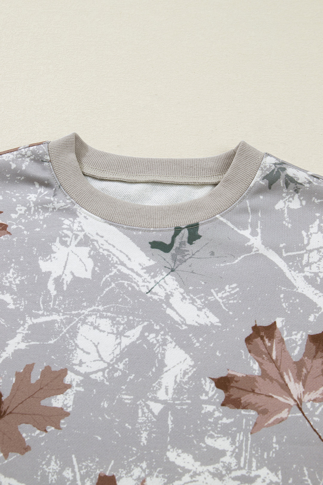 Gray Maple Leaf Camo Print Varsity Striped Sleeve Casual Sweatshirt