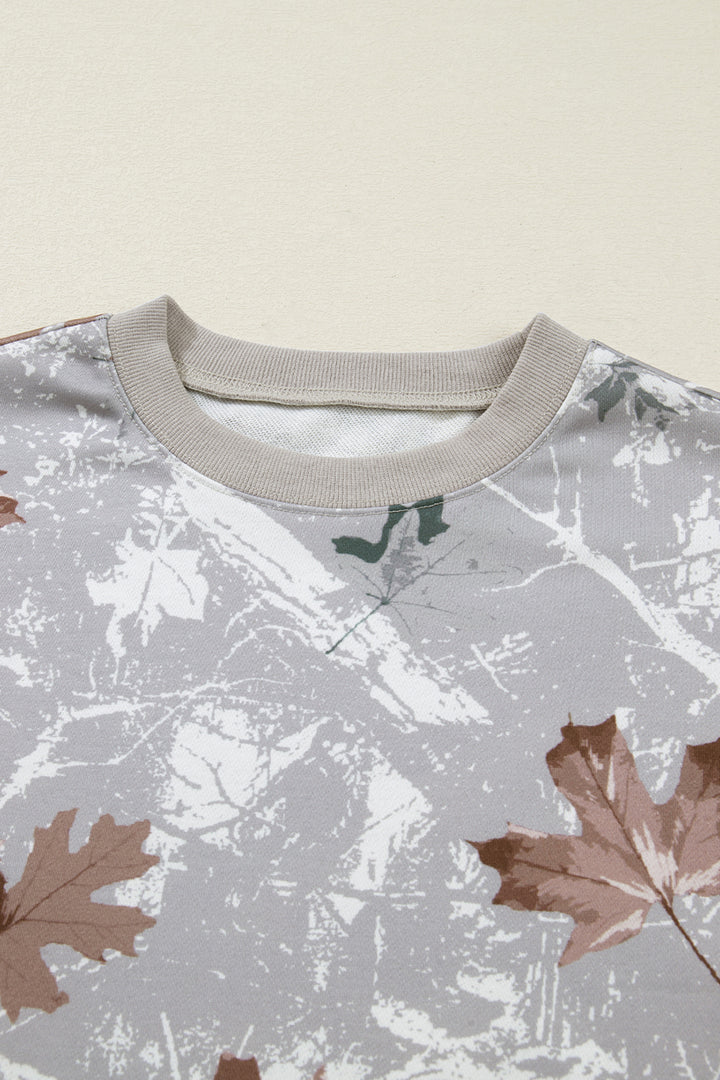 Gray Maple Leaf Camo Print Varsity Striped Sleeve Casual Sweatshirt