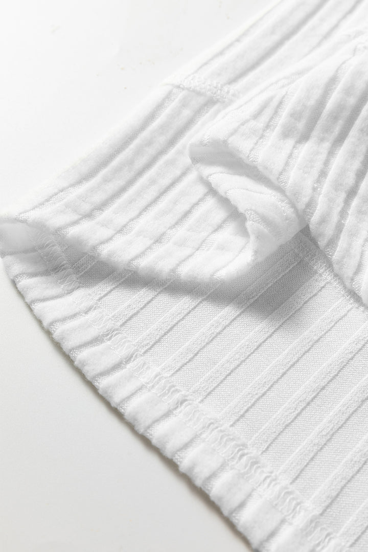 White Ribbed Texture Round Neck Long Sleeve Rounded Hem Knit Top
