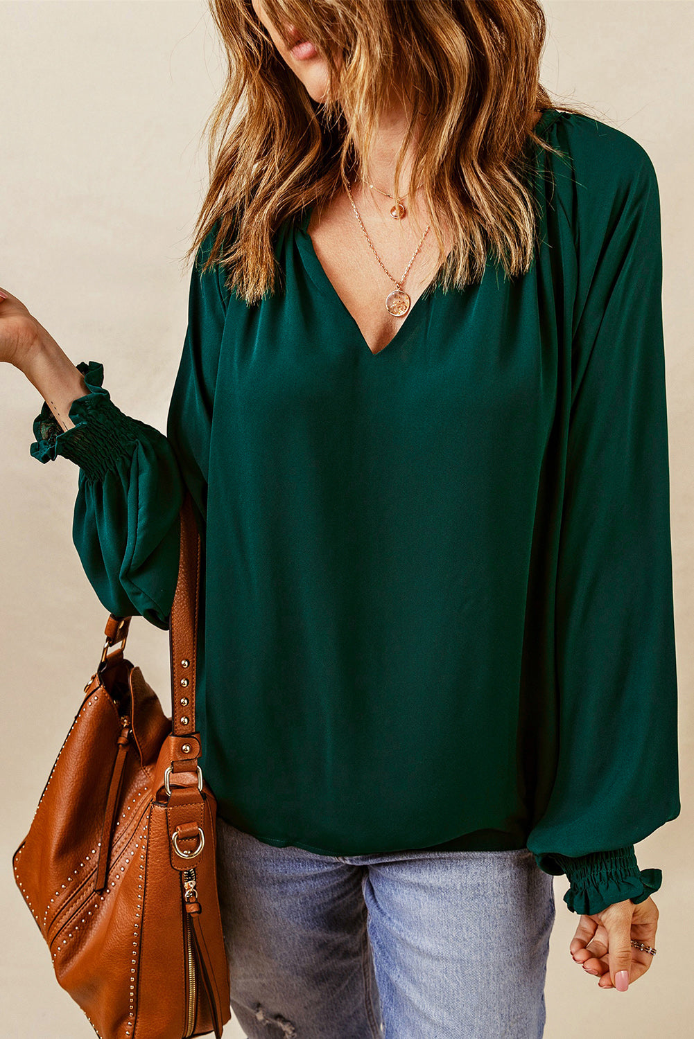 Green Pleated V Neck Puffy Sleeve Blouse