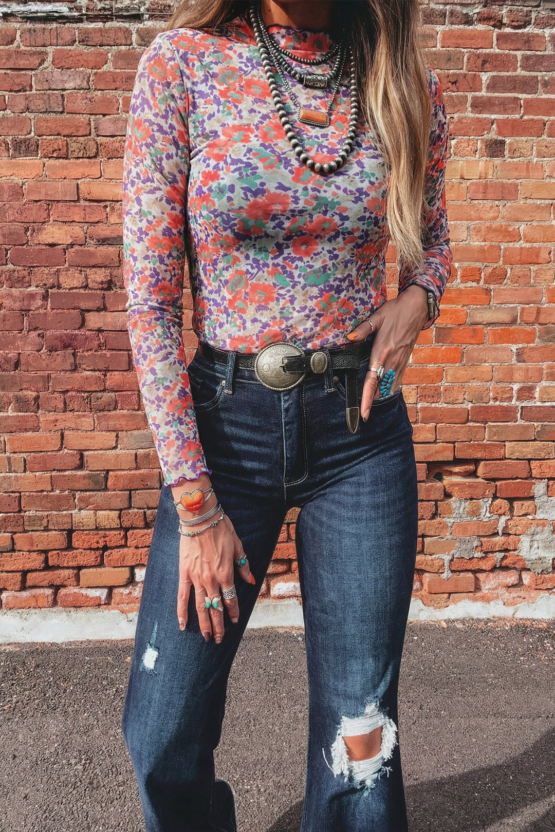Blue Slim Fit Floral Mesh Long Sleeve Mock Neck Top