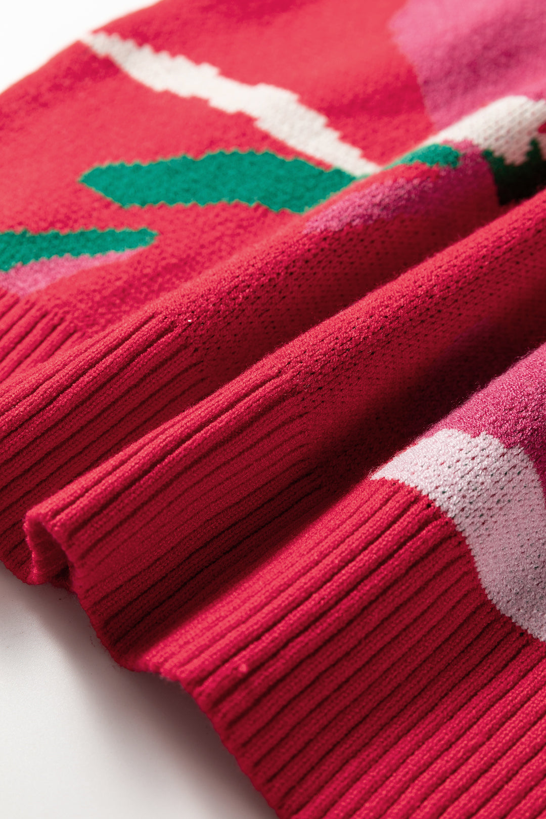 Red Floral Abstract Print Short Puff Sleeve Sweater