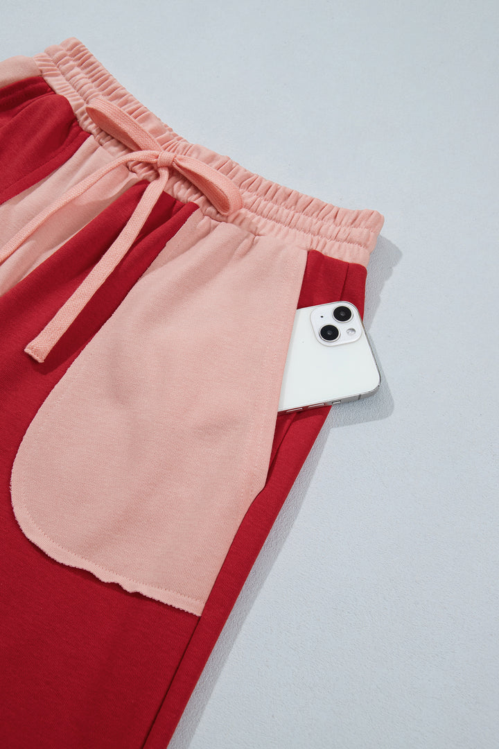Russet Orange Raw Seam Colorblock Wide Leg Ankle Length Casual Pants