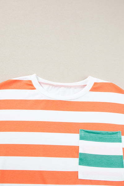 Orange Stripe Contrast Patch Pocket Drop Sleeve T Shirt