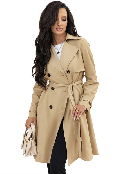 Pale Khaki Solid Color Lapel Collar Waist Tie Wind Coat