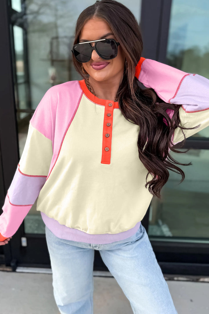 Multicolour Exposed Seam Colorblock Patchwork Pullover Long Sleeve Top