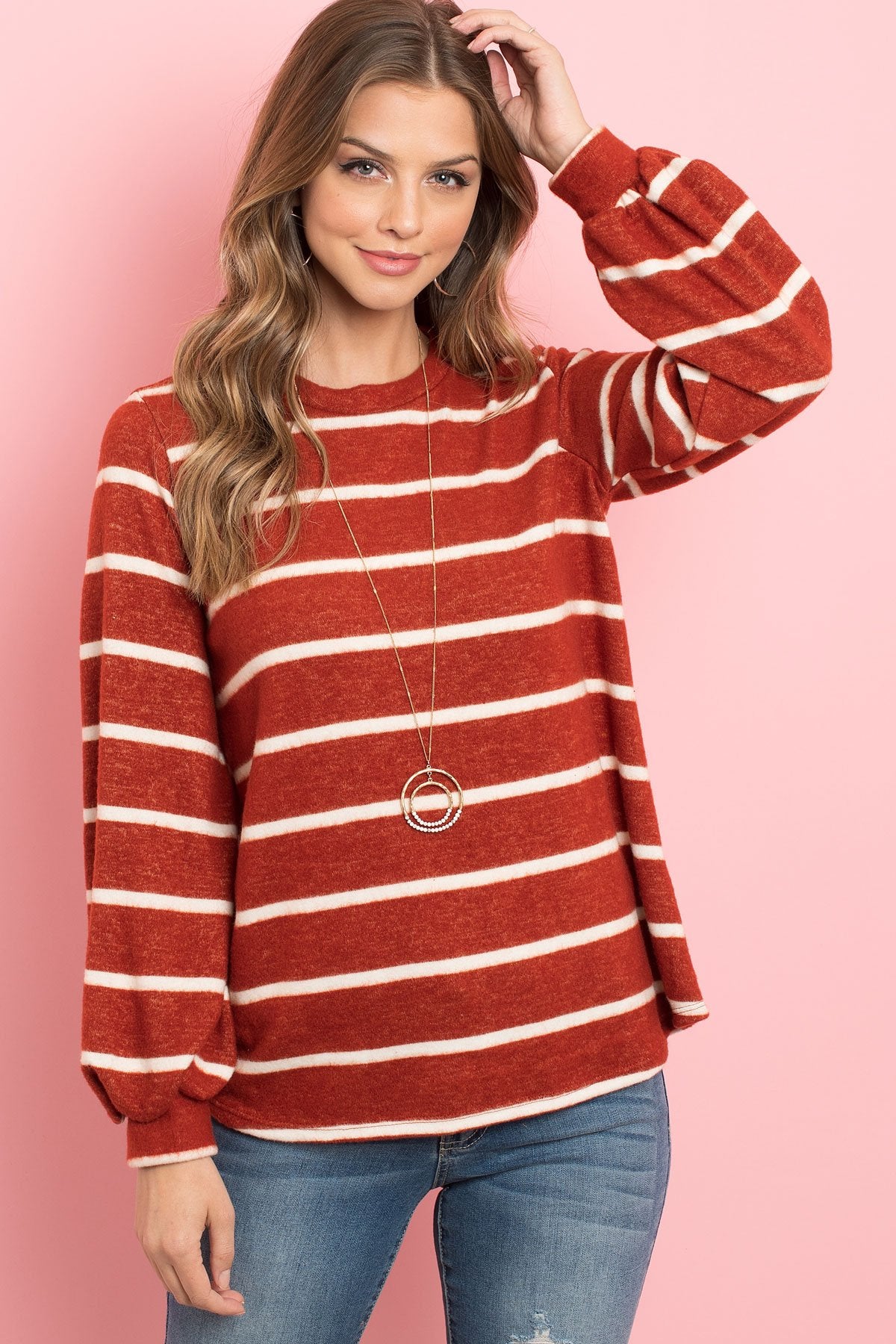 Striped Long Sleeved Round Neck Swing Top