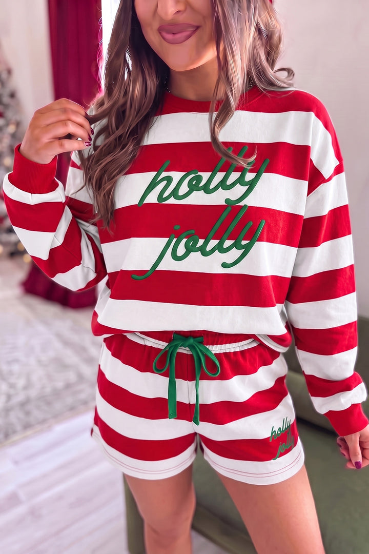 Pink Stripe Holly Jolly Embroidery Pullover Long Sleeve Two Piece Shorts Set