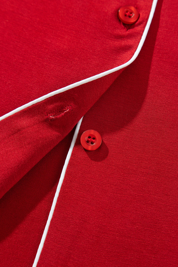 Racing Red Bow Pocket Detail Long Sleeve Shirt 2pcs Pajama Set