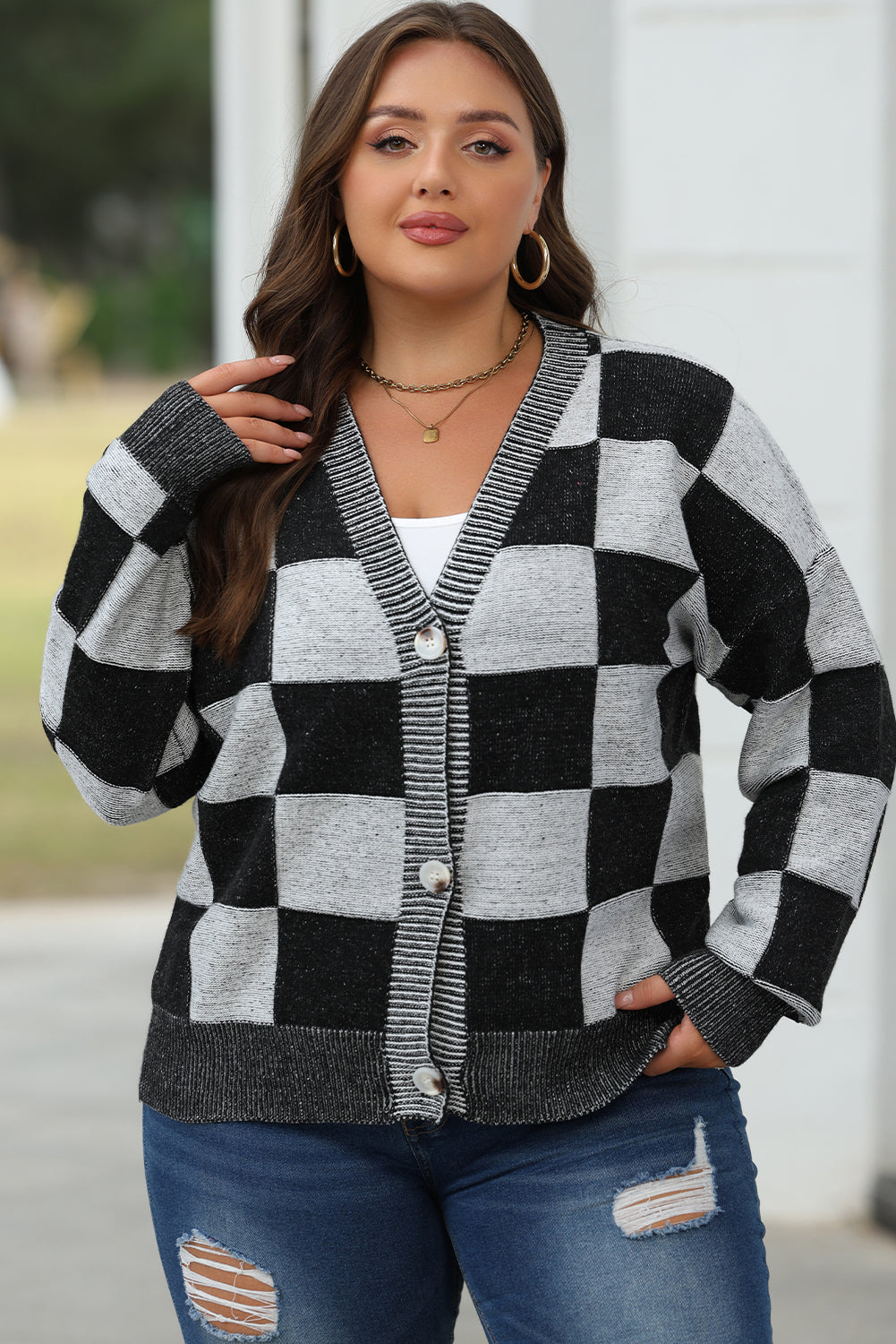 Black Checkered Drop Shoulder Buttoned V Neck Cardigan