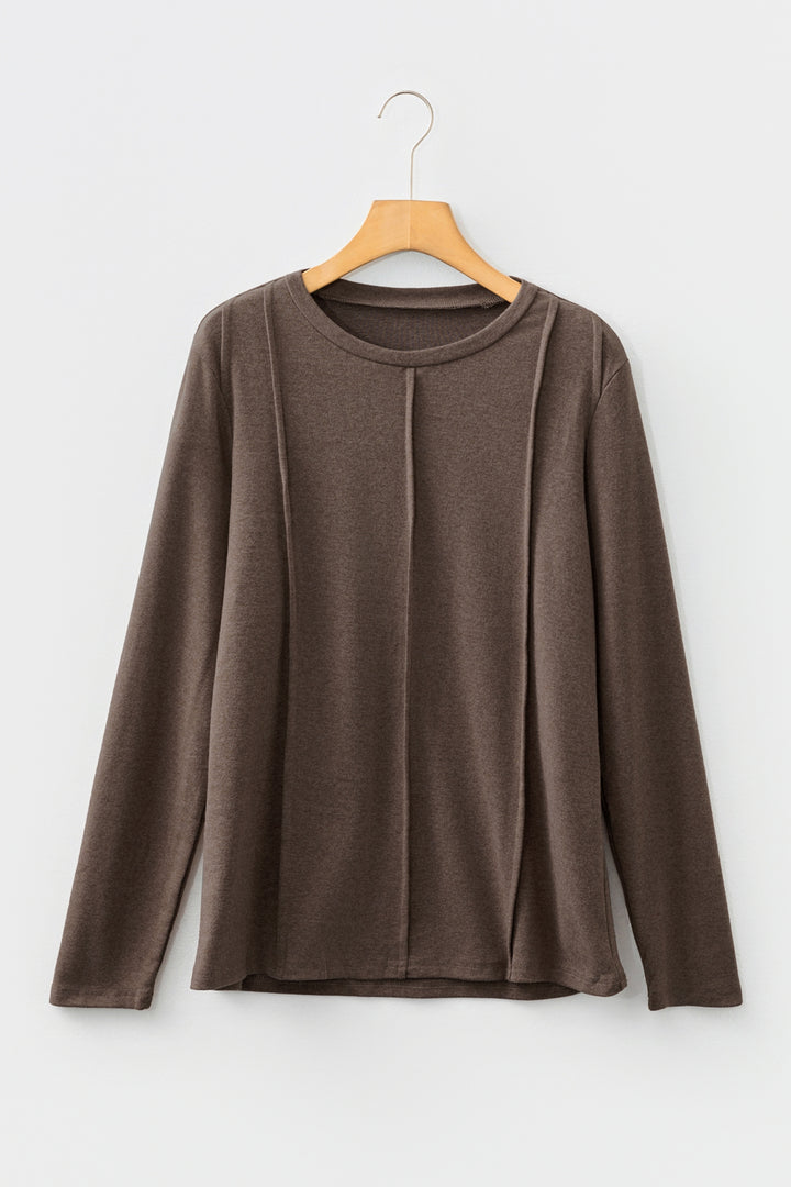 Chicory Coffee Solid Exposed Seam Crew Neck Long Sleeve Top