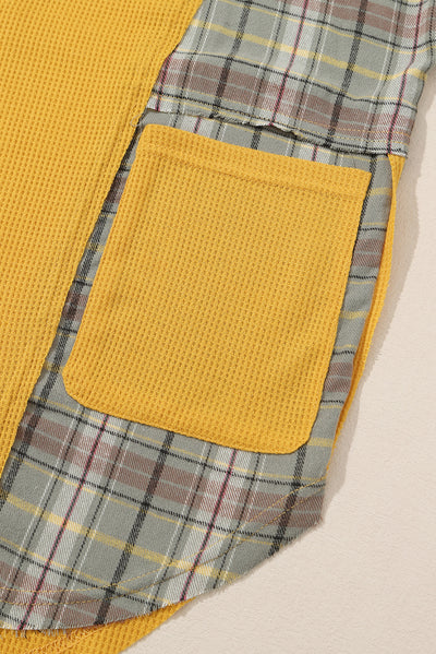 Yellow Waffle Knit Plaid Patchwork Pocketed Henley Hoodie