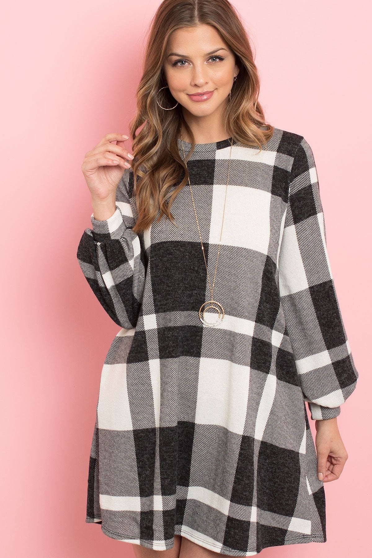 Round Neck Puff Sleeved Plaid Knee Length Dress