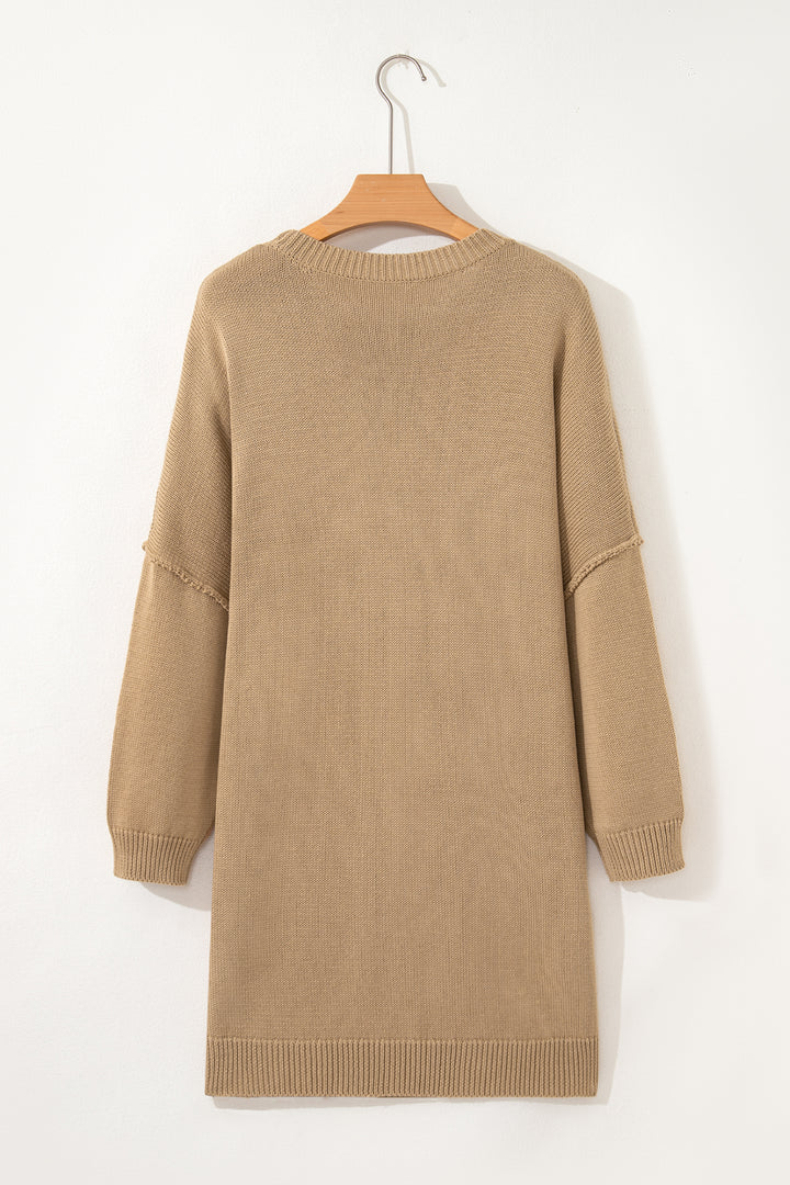 Pale Khaki Exposed Seam Drop Shoulder Oversize Sweater Mini Dress