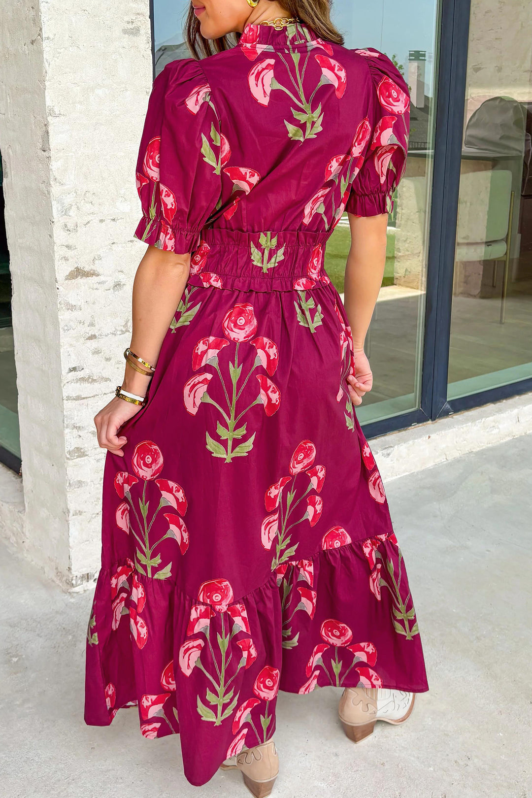 Red Floral Print Frilled V Neck Short Sleeve Ruffle Maxi Dress