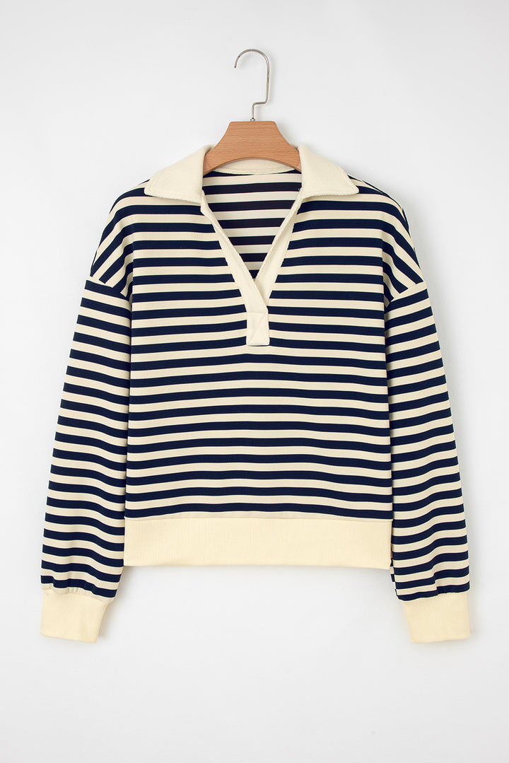 Blue Stripe Collared V Neck Long Sleeve Casual Top