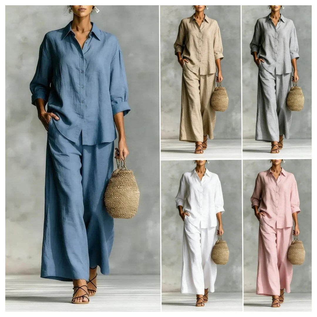 Cotton-Linen Shirt &amp; Wide-Leg Pants Suit – 6 Colors, S–5XL